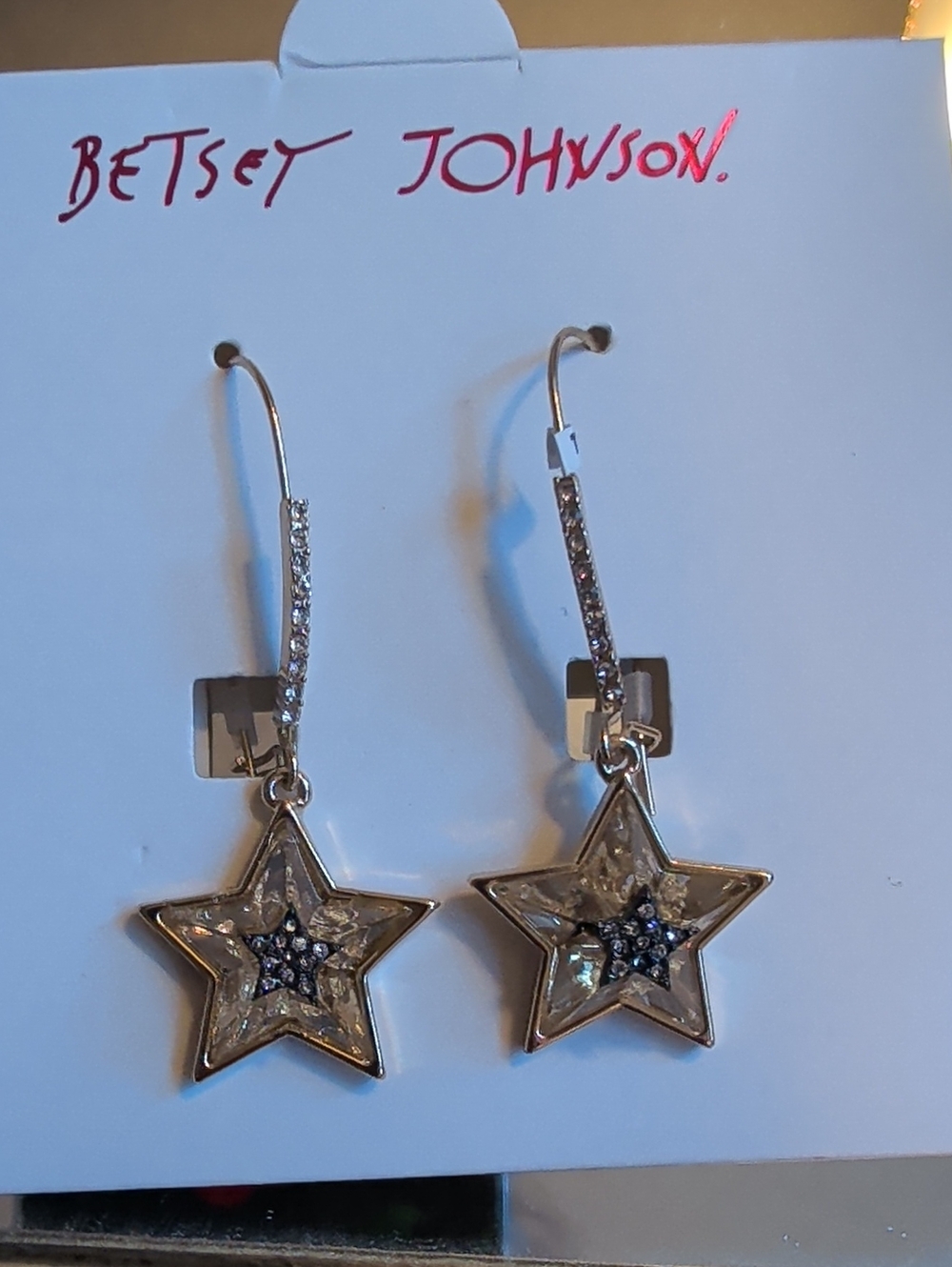 Betsey Johnson Silver-tone Star Drop Earrings with Clear Crystals